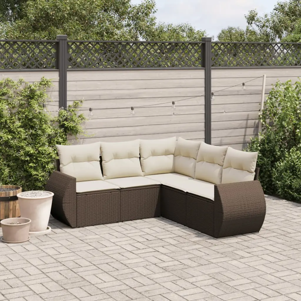 Set Divano da Giardino 5 pz con Cuscini Marrone in Polyrattan