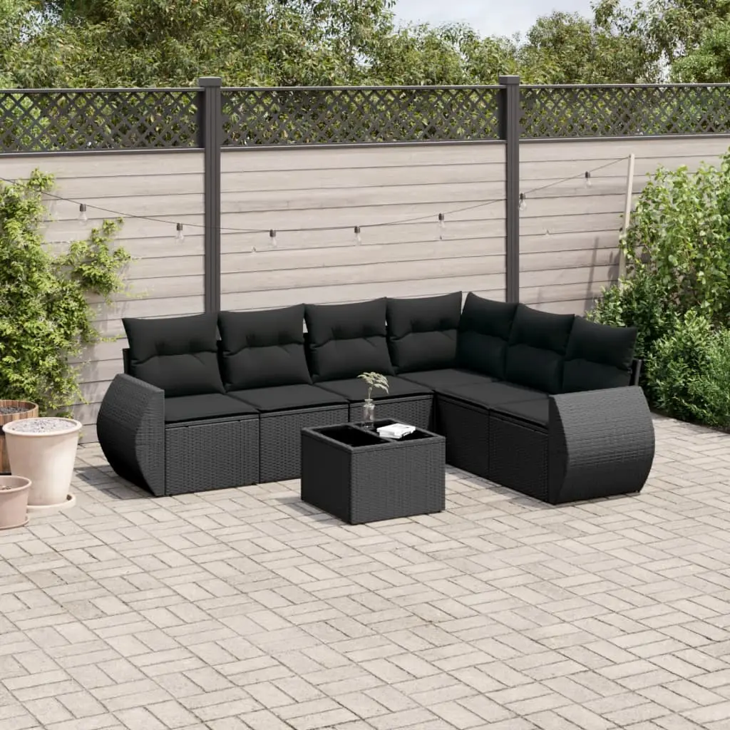 Set Divani da Giardino con Cuscini 7pz Nero Polyrattan