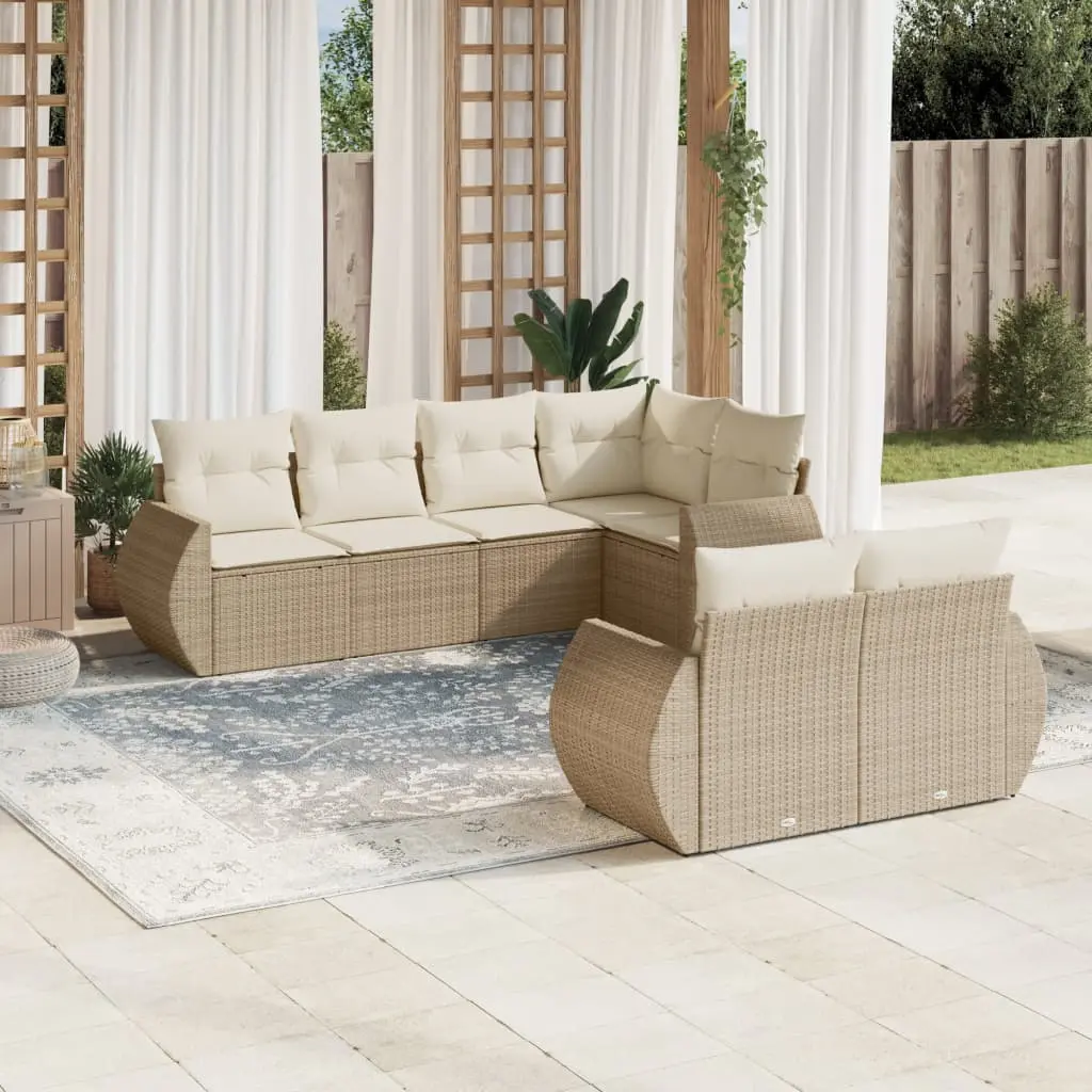 Set Divani da Giardino 7 pz con Cuscini Beige in Polyrattan