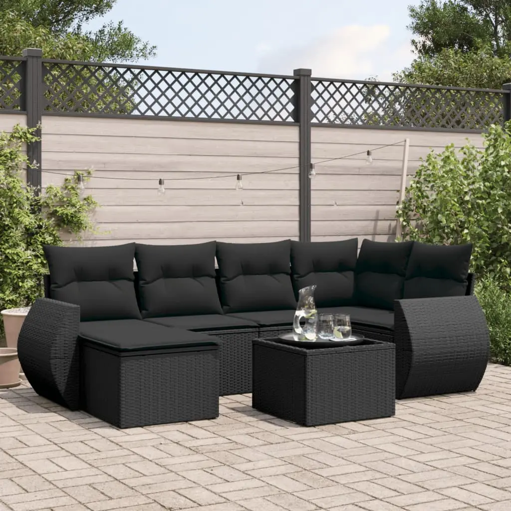 Set Divani da Giardino con Cuscini 7pz Nero Polyrattan