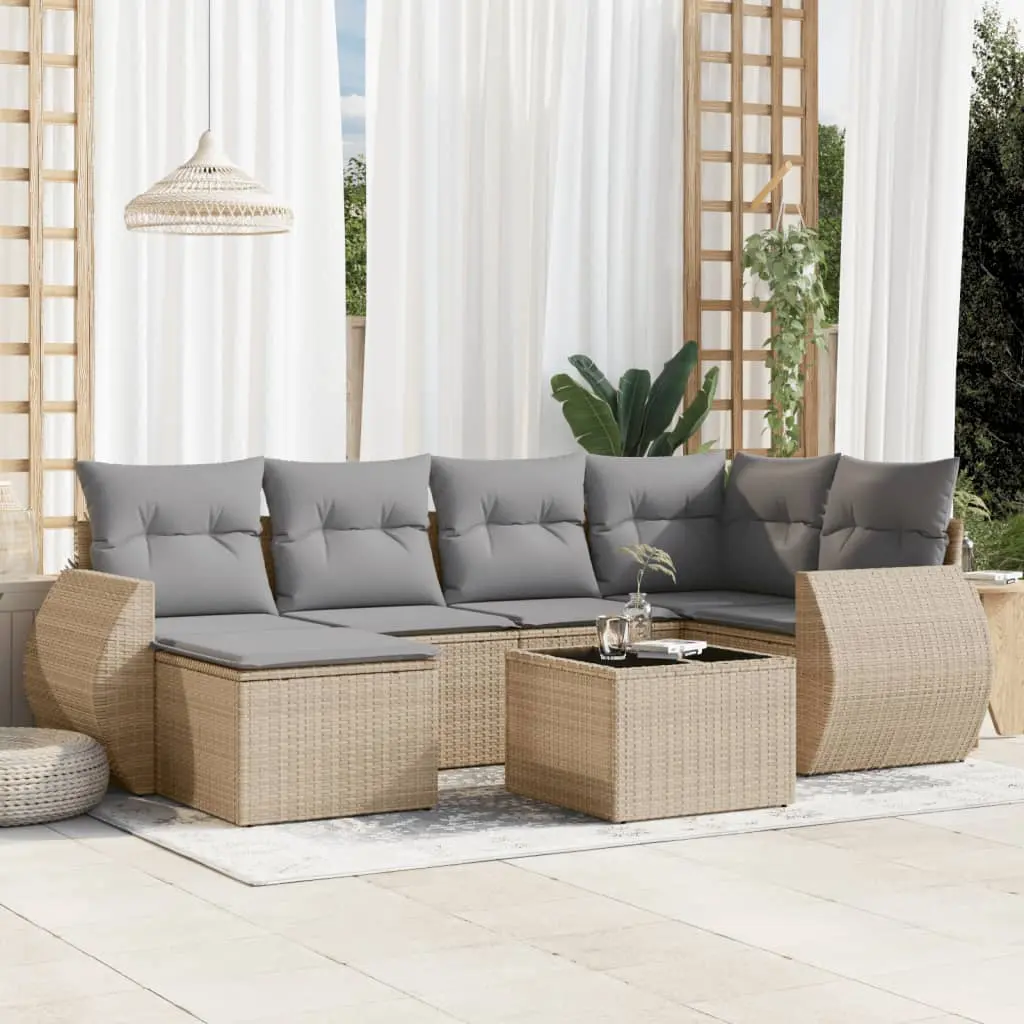 Set Divani da Giardino 7 pz con Cuscini Beige in Polyrattan