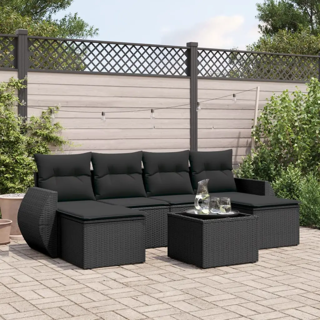 Set Divani da Giardino con Cuscini 7pz Nero Polyrattan