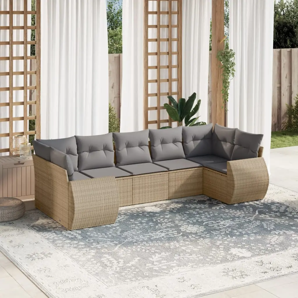 Set Divani da Giardino 7 pz con Cuscini Beige in Polyrattan