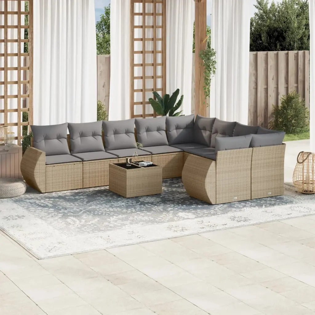 Set Divano da Giardino 10 pz con Cuscini Beige in Polyrattan