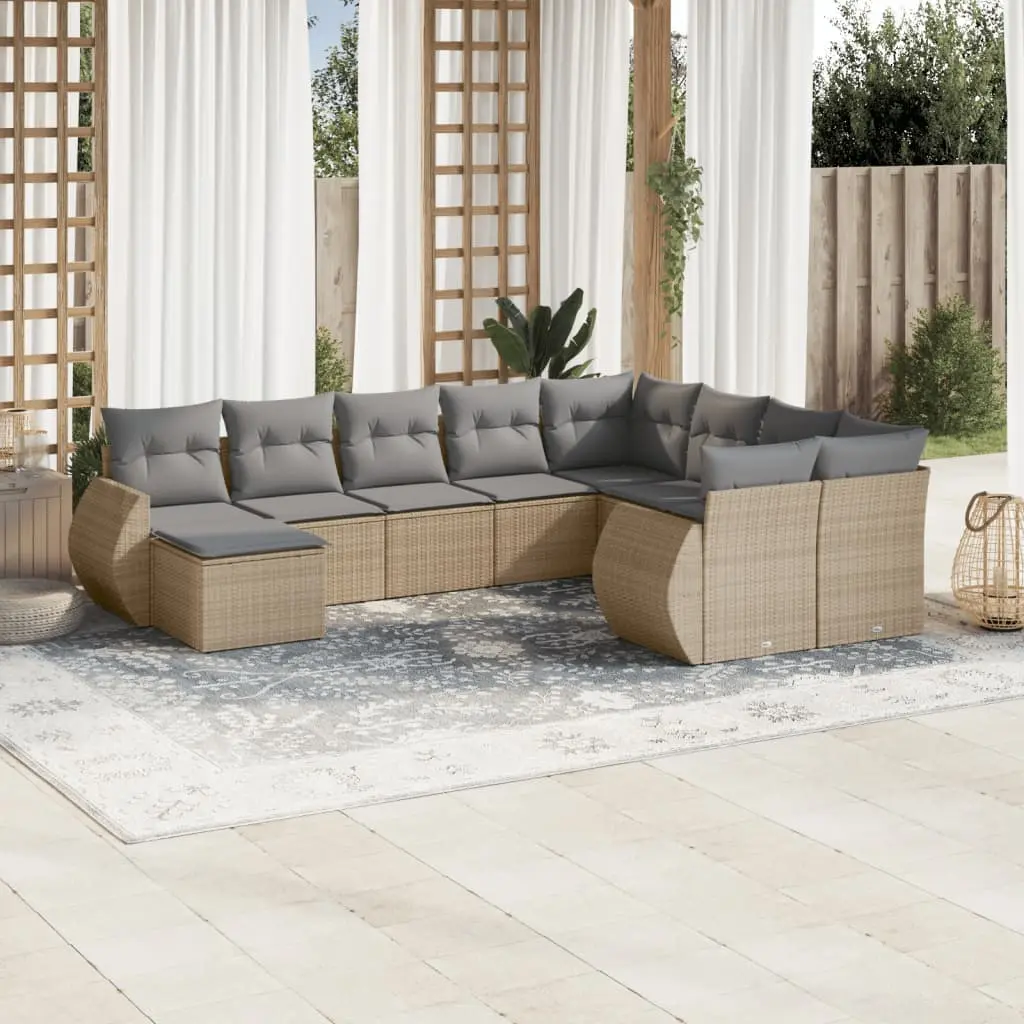 Set Divano da Giardino 10 pz con Cuscini Beige in Polyrattan