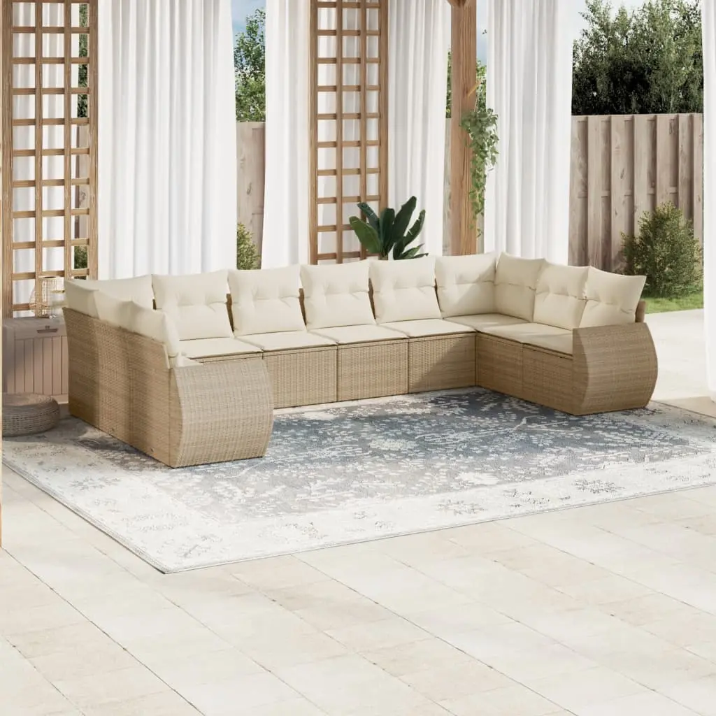 Set Divano da Giardino 10 pz con Cuscini Beige in Polyrattan