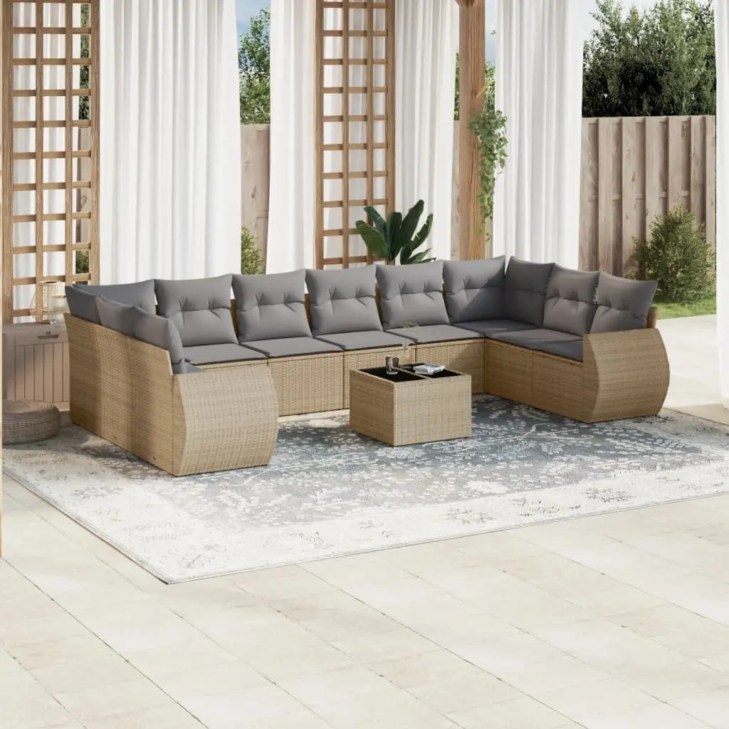 Set Divani da Giardino 11 pz con Cuscini Beige in Polyrattan