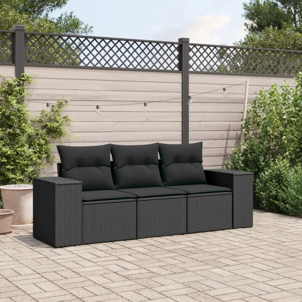 Set Divani da Giardino 3 pz con Cuscini in Polyrattan Nero