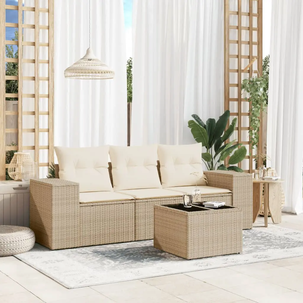 Set Divano da Giardino 4 pz con Cuscini Beige in Polyrattan