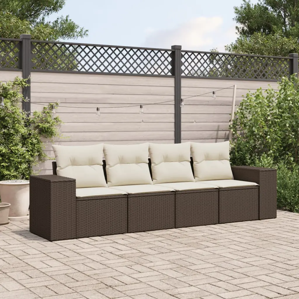 Set Divano da Giardino 4 pz con Cuscini Marrone in Polyrattan