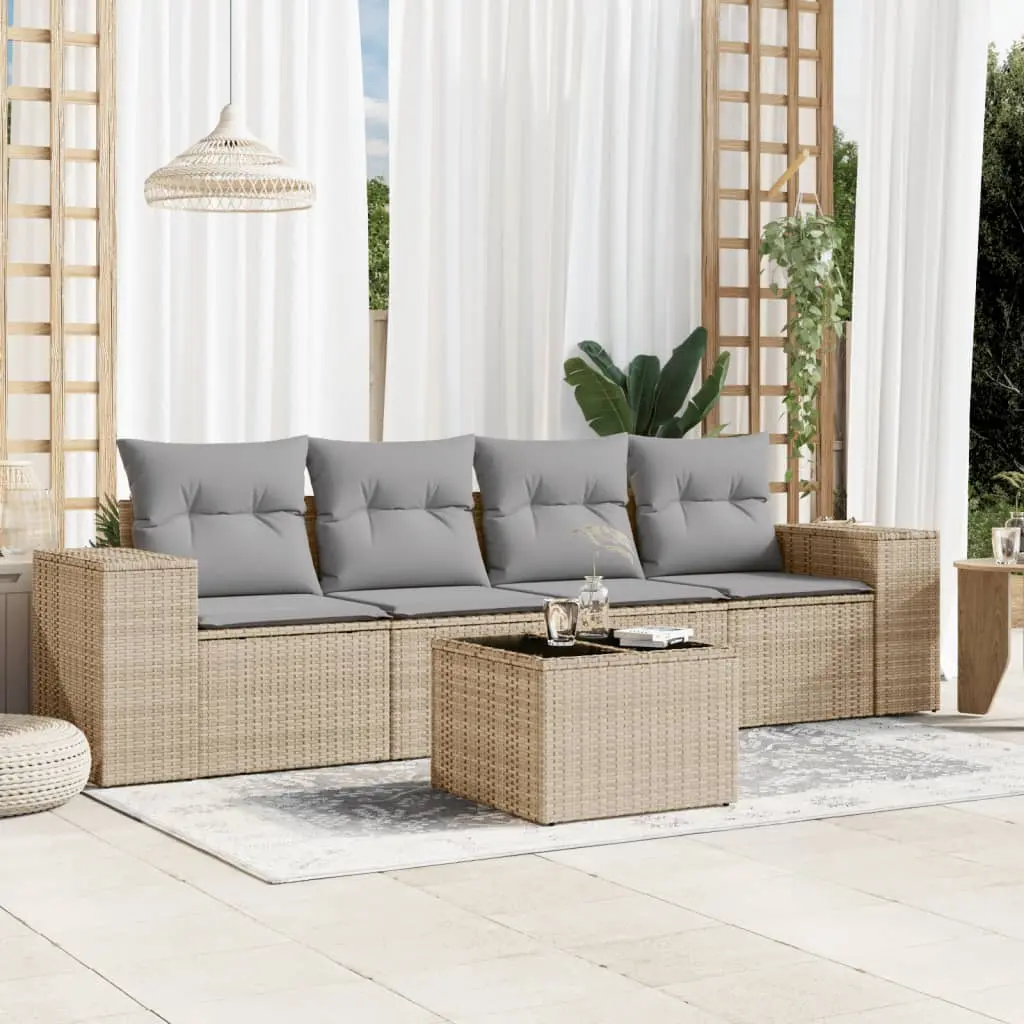 Set Divano da Giardino 5 pz con Cuscini Beige in Polyrattan