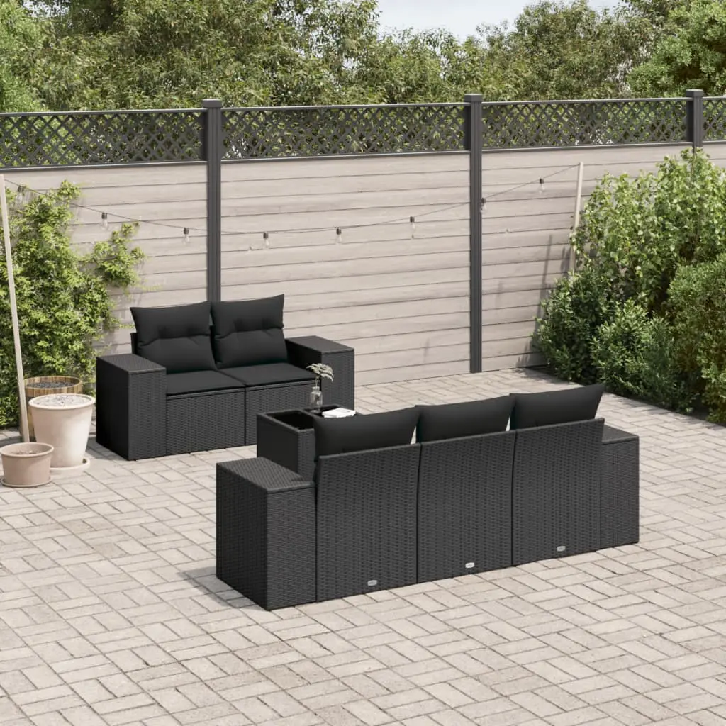 Set Divano da Giardino 6 pz con Cuscini Nero in Polyrattan