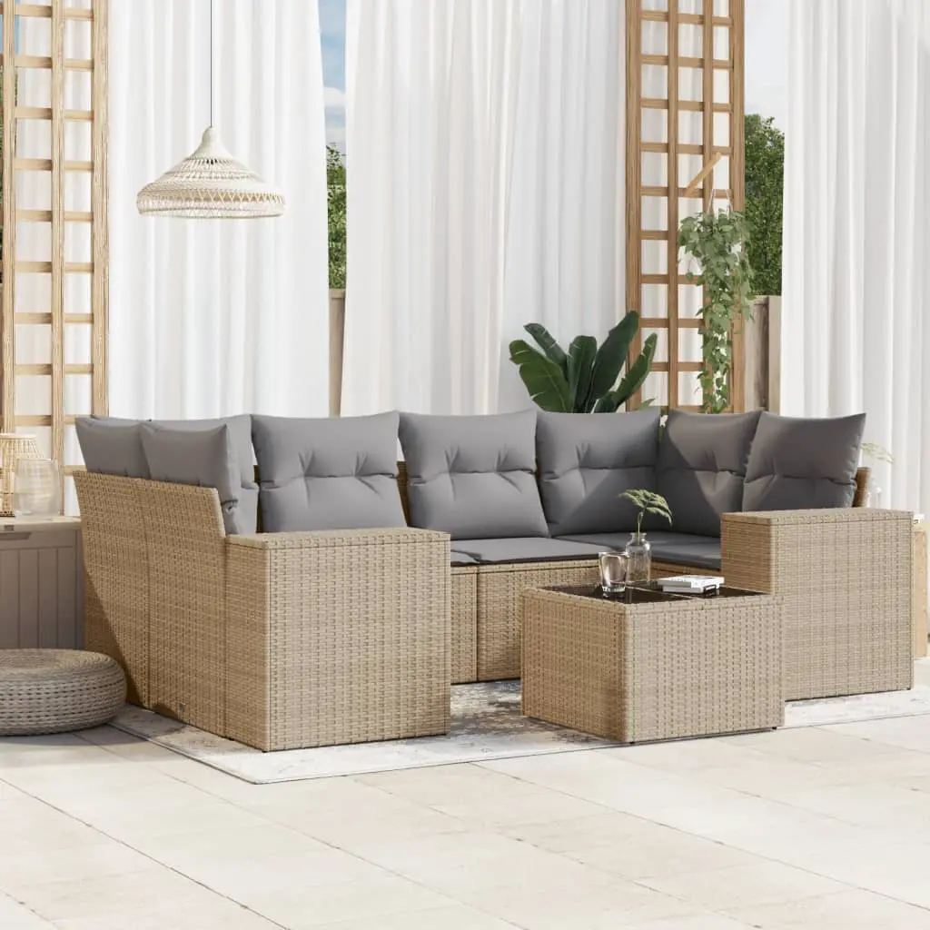 Set Divani da Giardino 7 pz con Cuscini Beige in Polyrattan