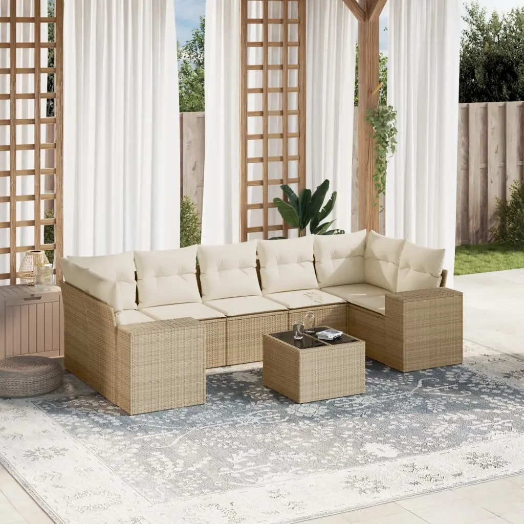 Set Divano da Giardino 8 pz con Cuscini Beige in Polyrattan