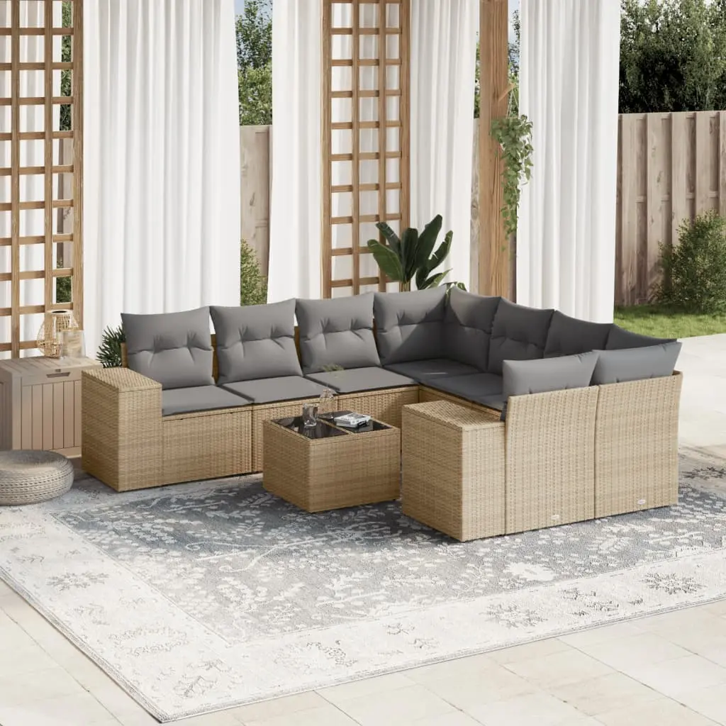 Set Divano da Giardino 9 pz con Cuscini Beige in Polyrattan