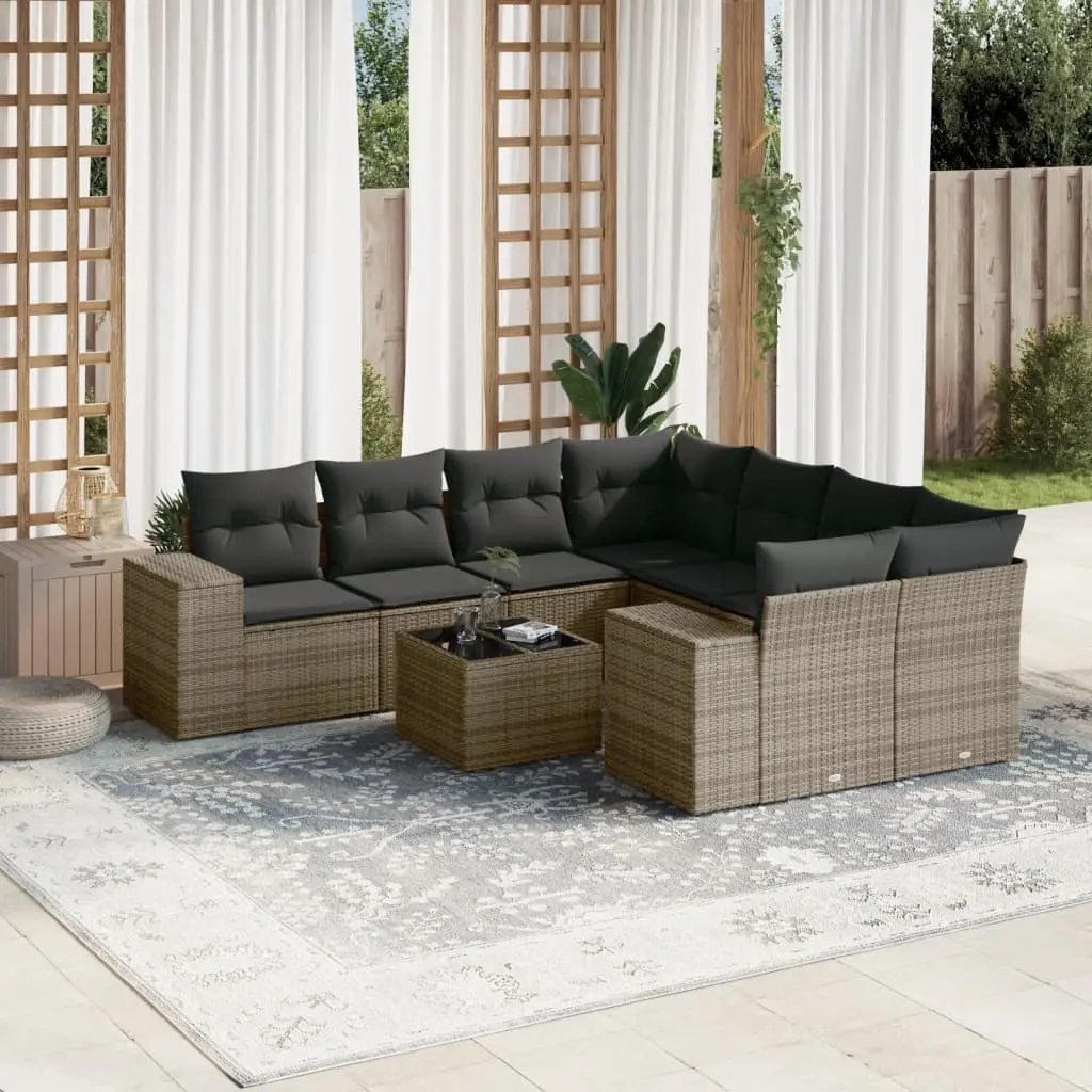 Set Divano da Giardino 9 pz con Cuscini Grigio in Polyrattan