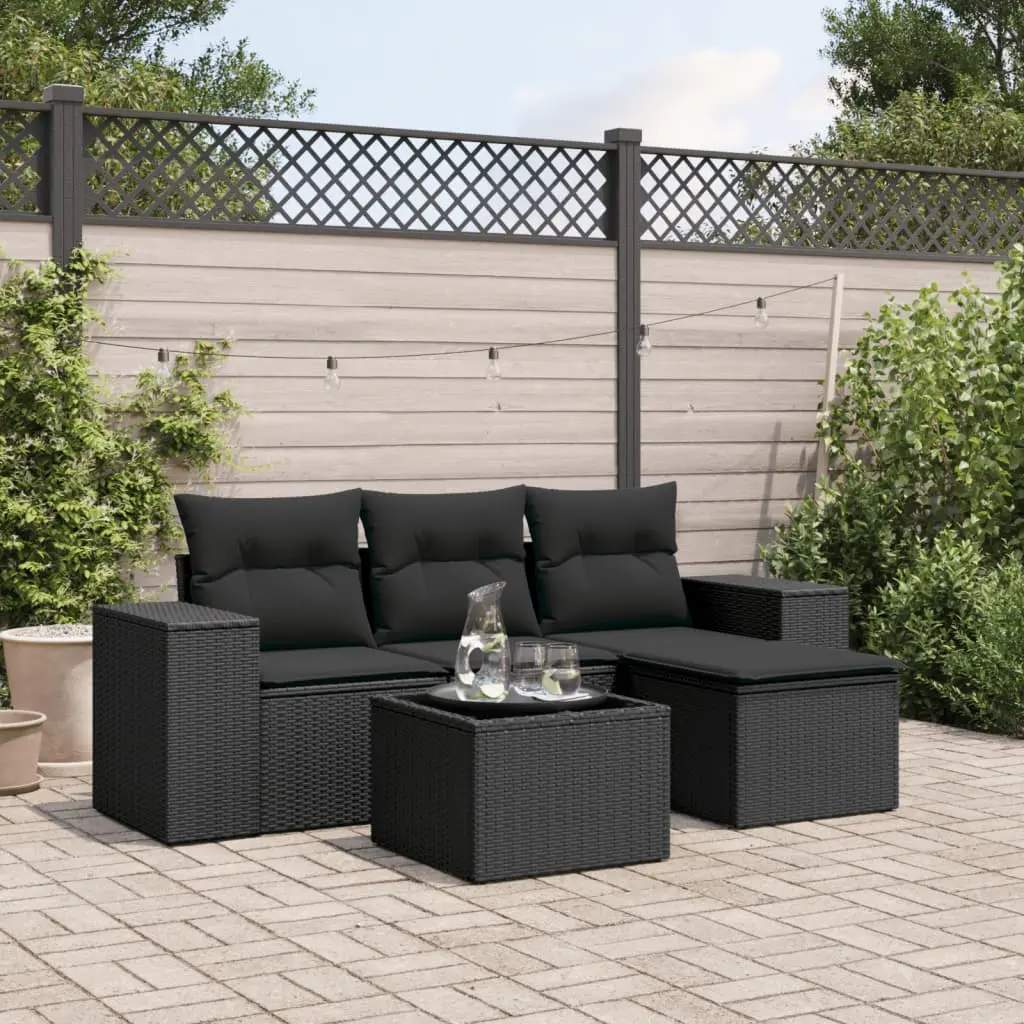 Set Divani da Giardino 5 pz con Cuscini in Polyrattan Nero