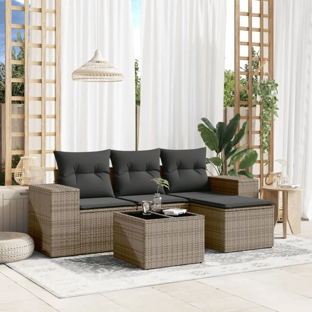 Set Divano da Giardino 5 pz con Cuscini Grigio in Polyrattan