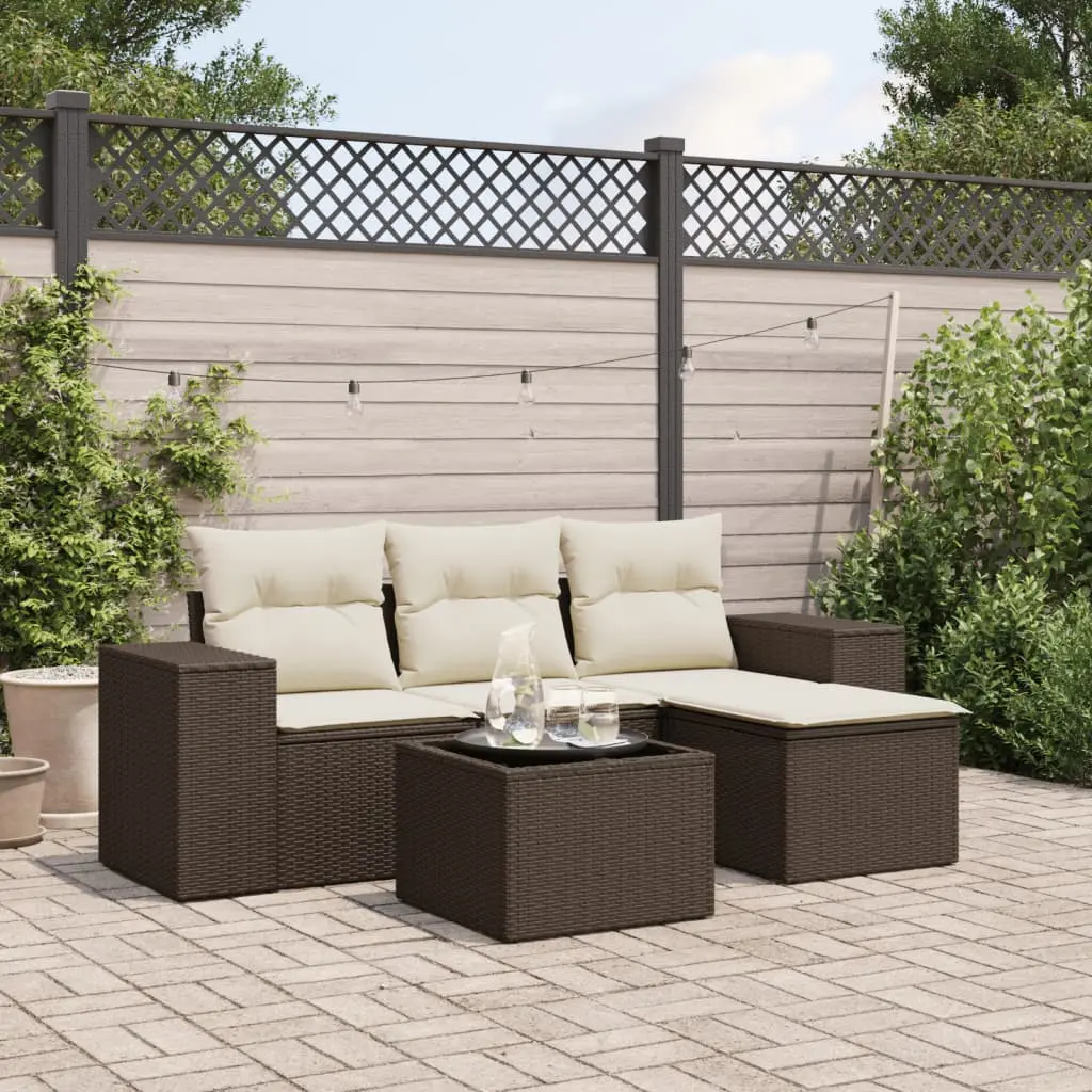 Set Divano da Giardino 5 pz con Cuscini Marrone in Polyrattan