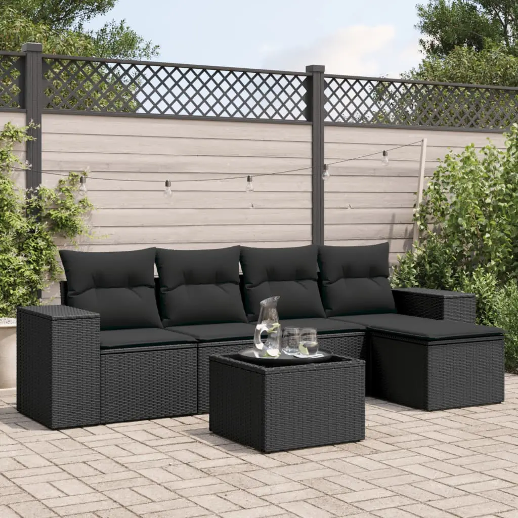 Set Divano da Giardino 6 pz con Cuscini Nero in Polyrattan