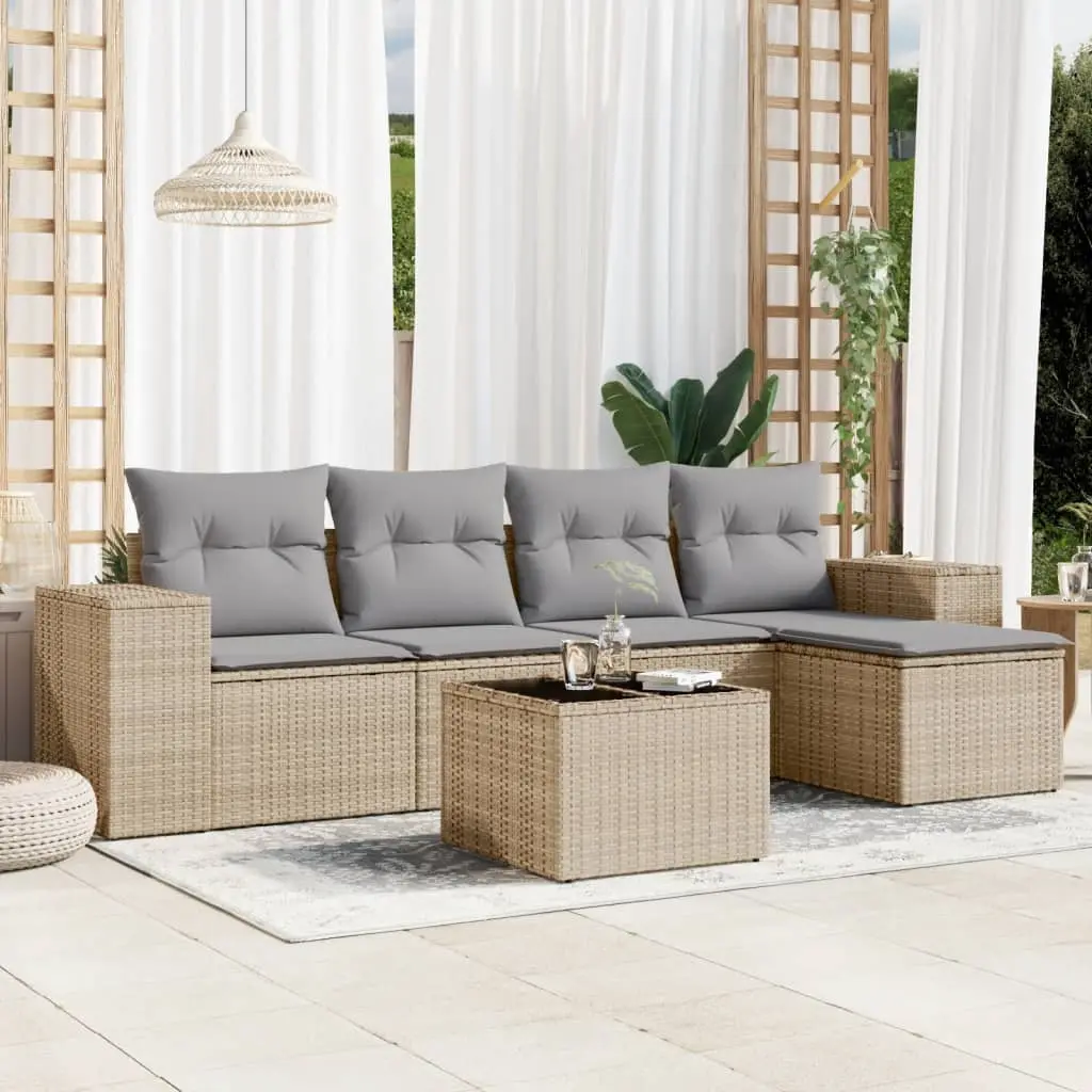 Set Divano da Giardino 6 pz con Cuscini Beige in Polyrattan