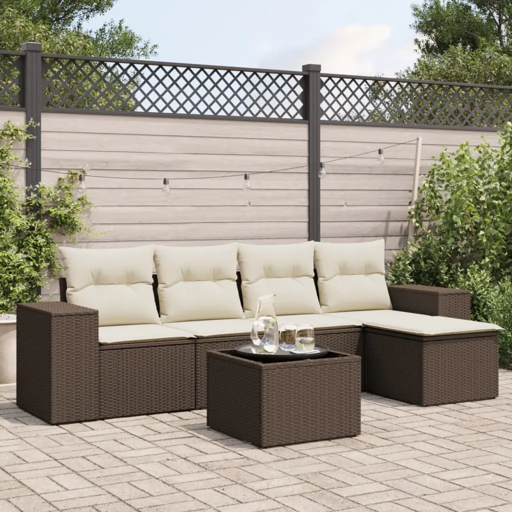 Set Divano da Giardino 6 pz con Cuscini Marrone in Polyrattan