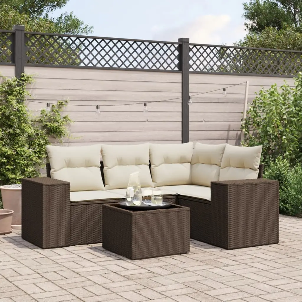 Set Divano da Giardino 5 pz con Cuscini Marrone in Polyrattan