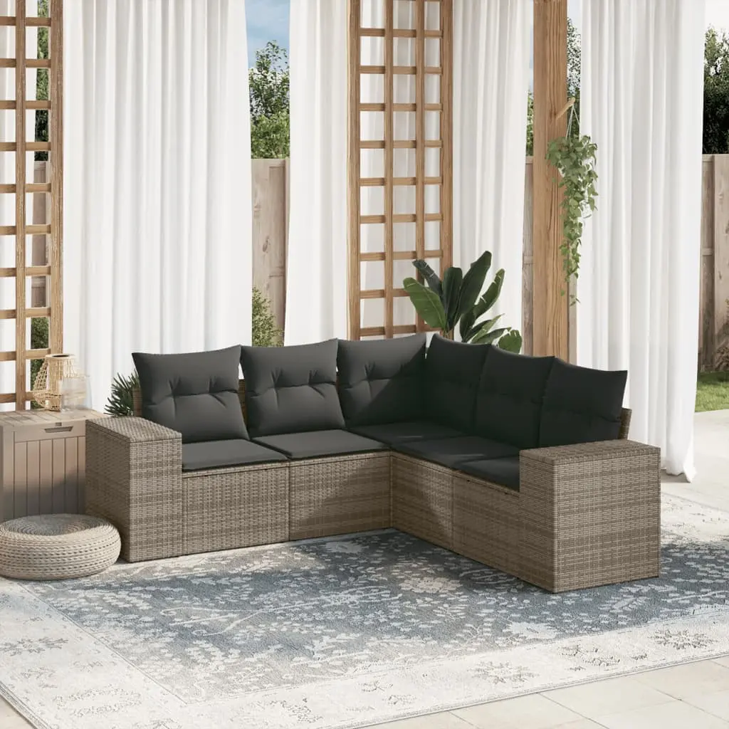 Set Divano da Giardino 5 pz con Cuscini Grigio in Polyrattan