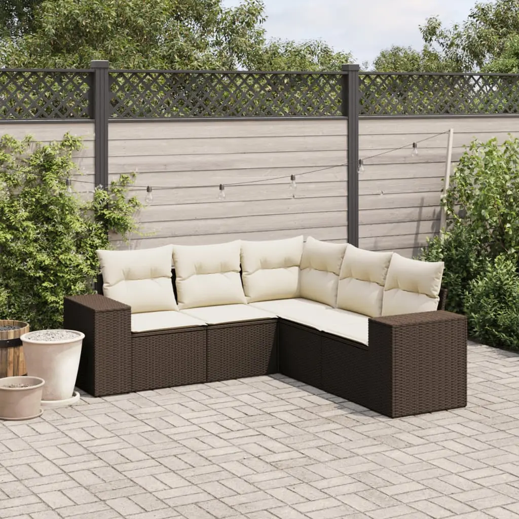 Set Divano da Giardino 5 pz con Cuscini Marrone in Polyrattan