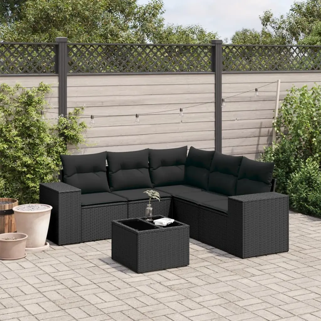 Set Divano da Giardino 6 pz con Cuscini Nero in Polyrattan