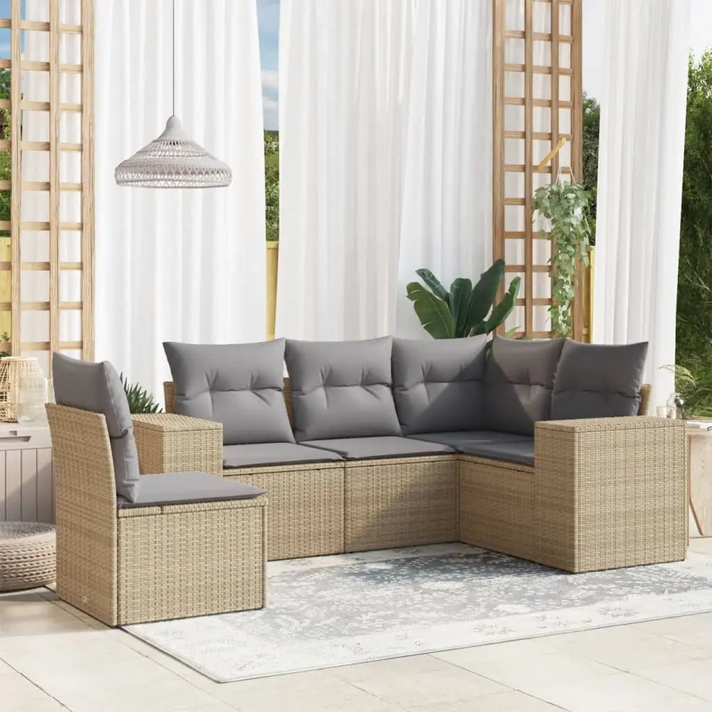 Set Divano da Giardino 5 pz con Cuscini Beige in Polyrattan