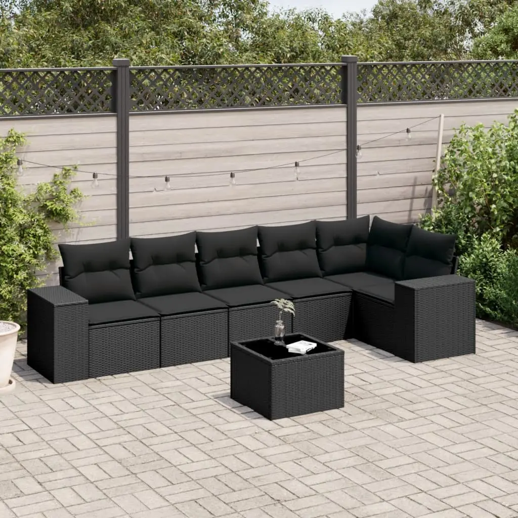 Set Divani da Giardino con Cuscini 7pz Nero Polyrattan