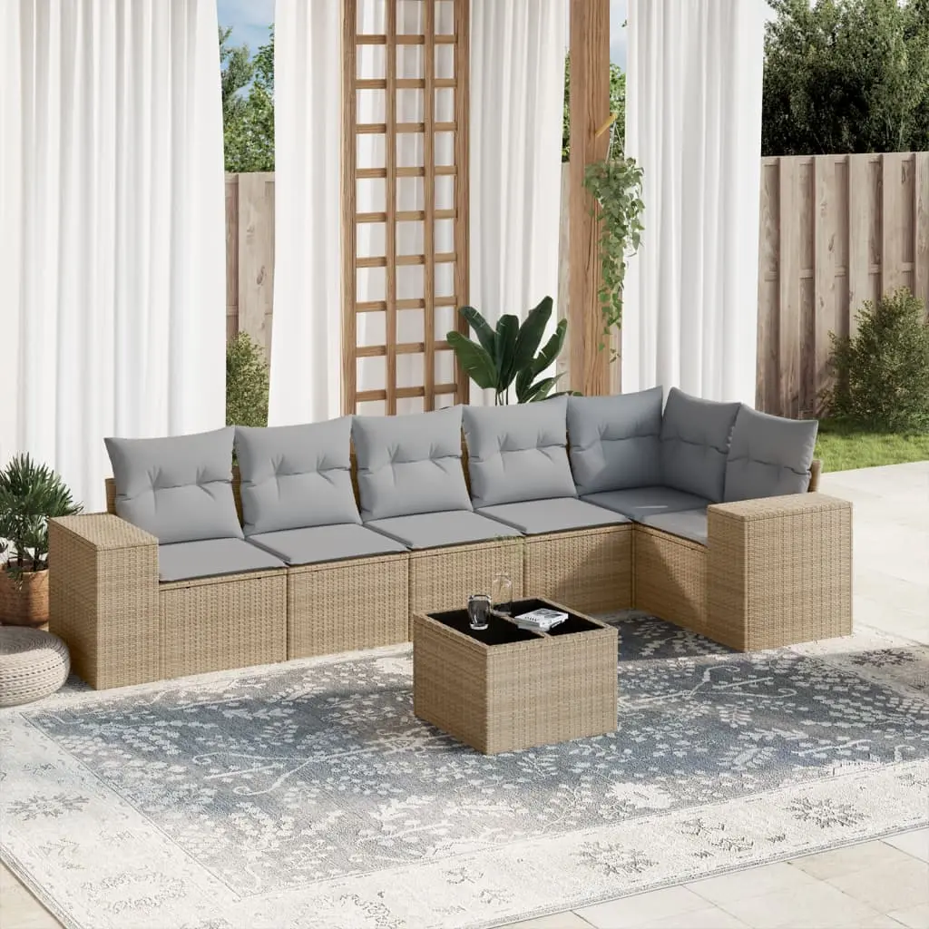 Set Divani da Giardino 7 pz con Cuscini Beige in Polyrattan