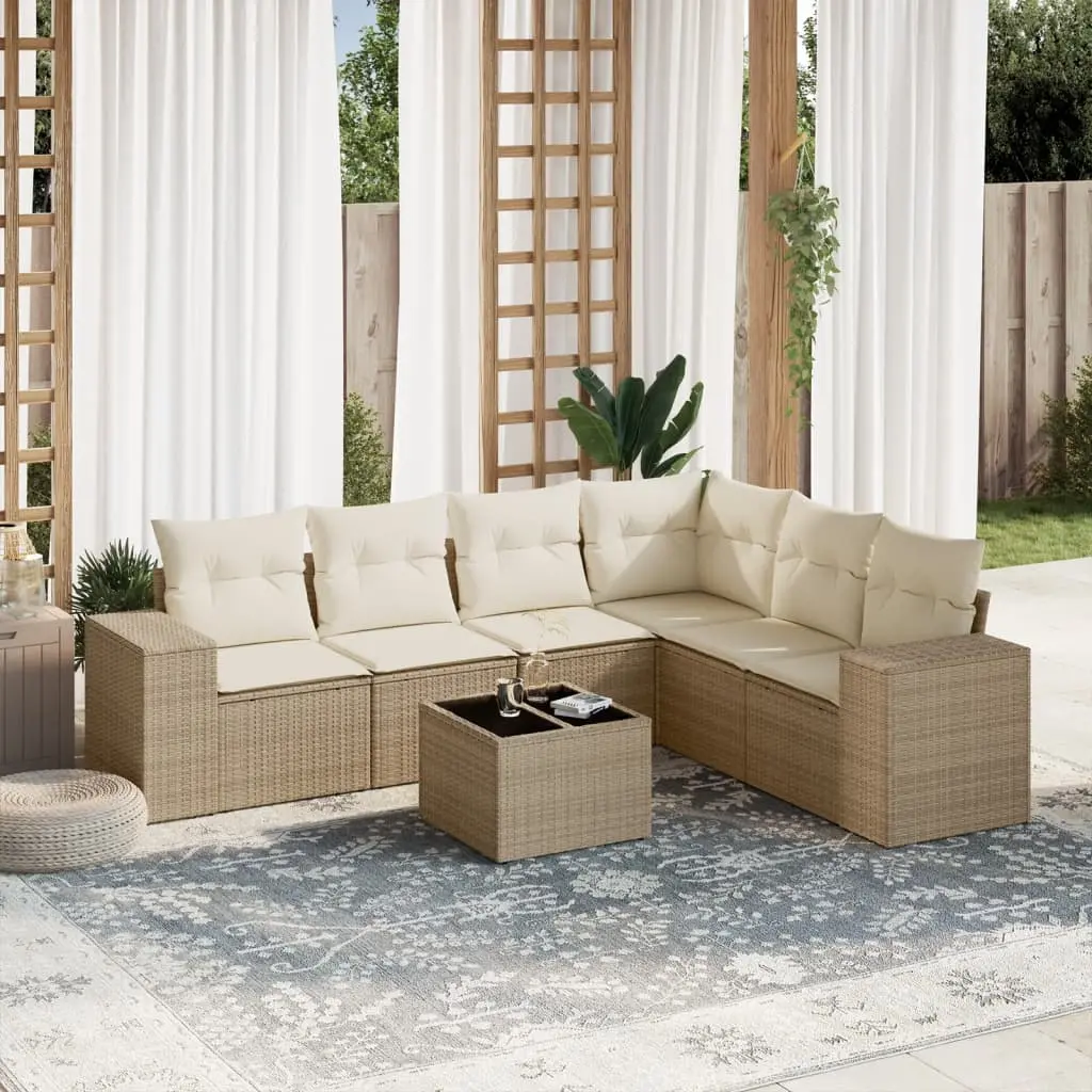 Set Divani da Giardino 7 pz con Cuscini Beige in Polyrattan