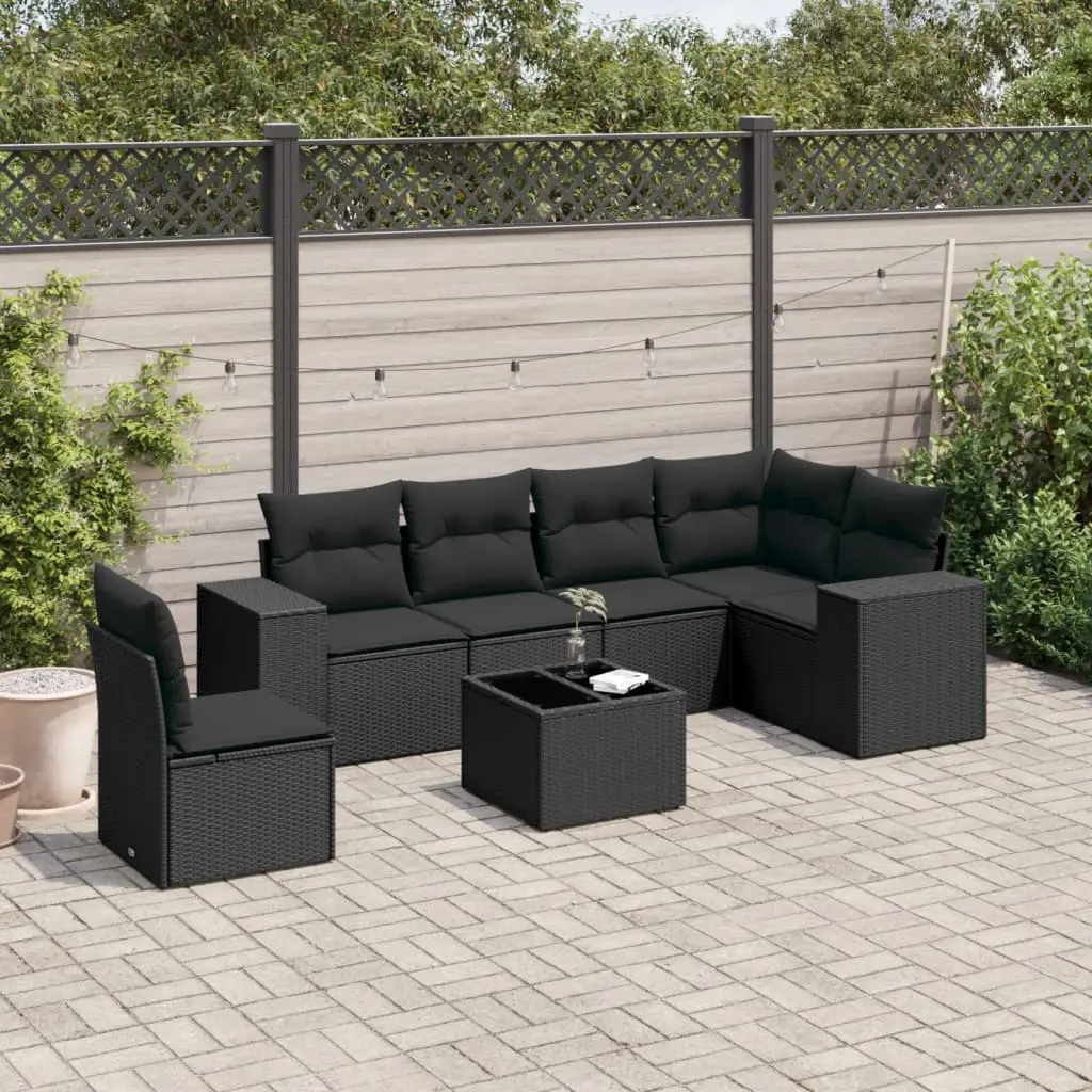 Set Divani da Giardino con Cuscini 7pz Nero Polyrattan