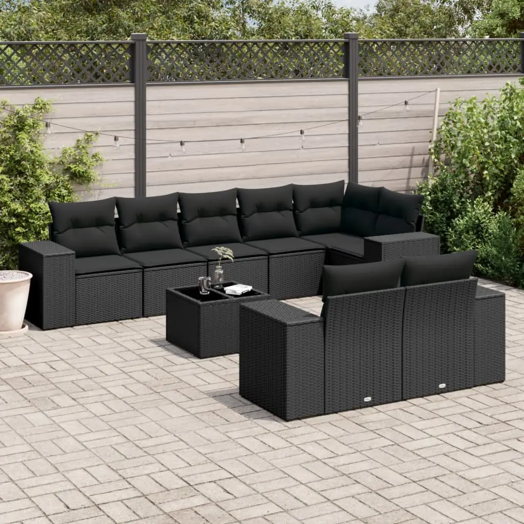 Set Divani da Giardino 9 pz con Cuscini Nero in Polyrattan