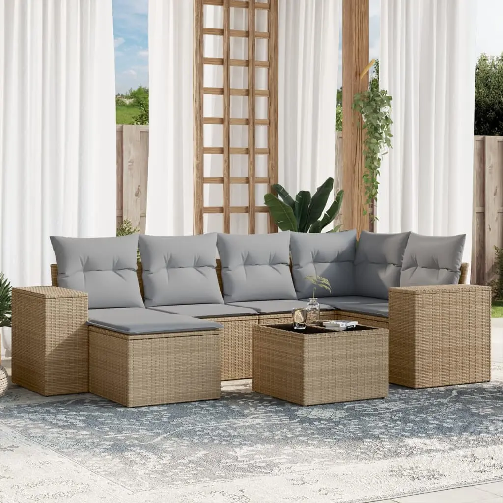 Set Divani da Giardino 7 pz con Cuscini Beige in Polyrattan