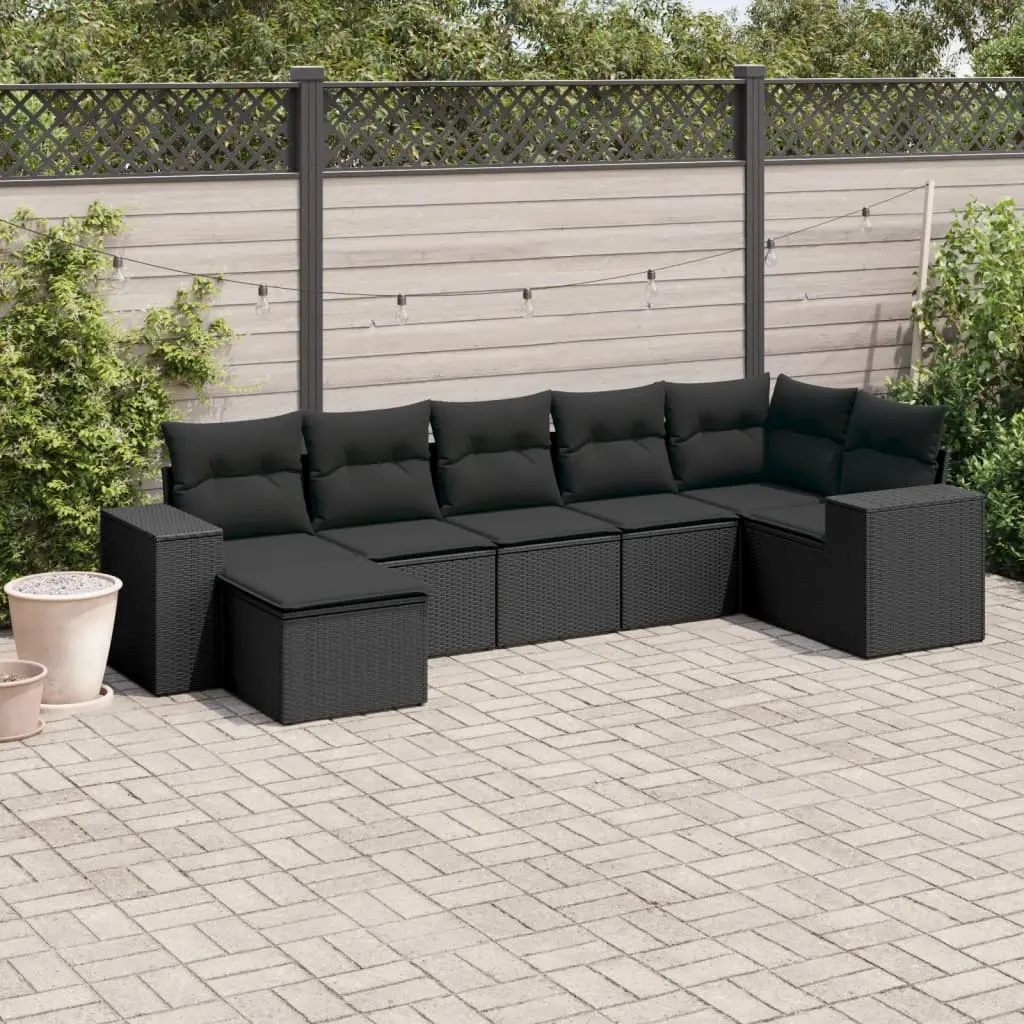 Set Divani da Giardino con Cuscini 7pz Nero Polyrattan