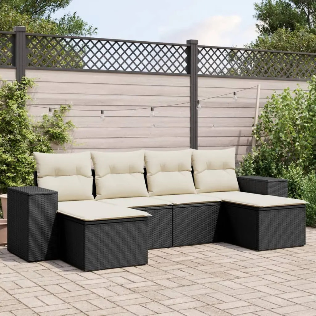 Set Divano da Giardino 6 pz con Cuscini Nero in Polyrattan