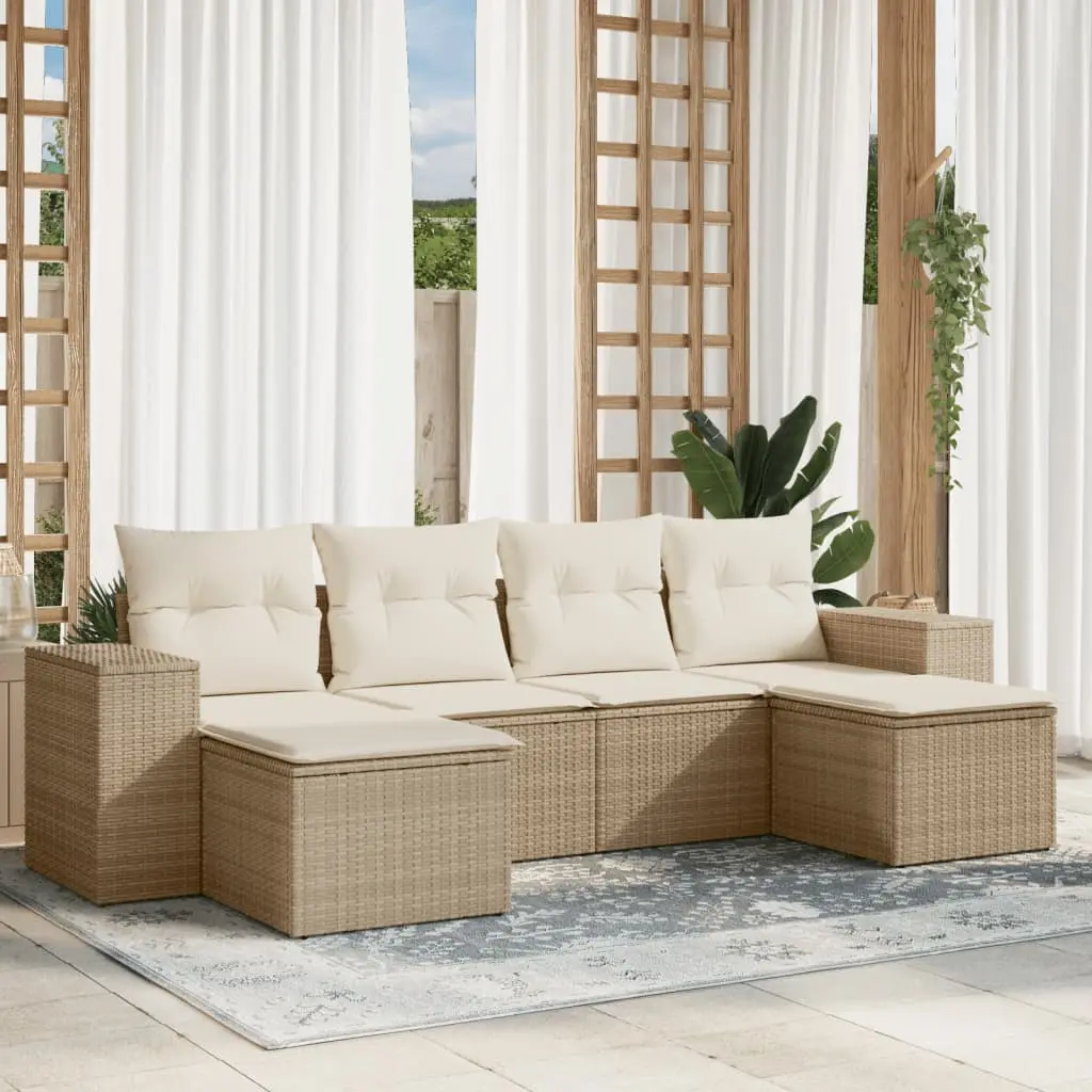 Set Divano da Giardino 6 pz con Cuscini Beige in Polyrattan