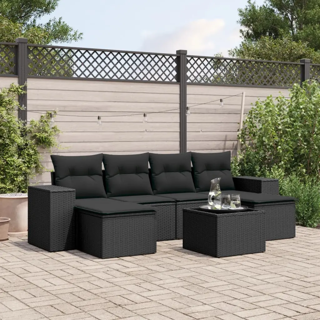 Set Divani da Giardino con Cuscini 7pz Nero Polyrattan