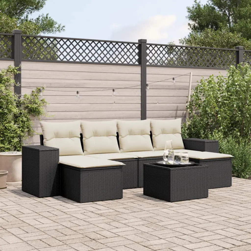 Set Divani da Giardino con Cuscini 7pz Nero Polyrattan