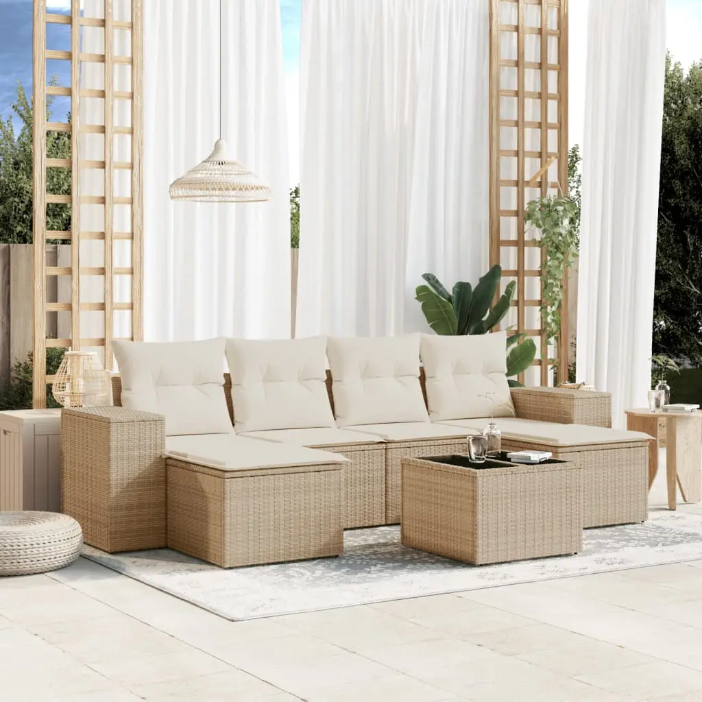 Set Divani da Giardino 7 pz con Cuscini Beige in Polyrattan