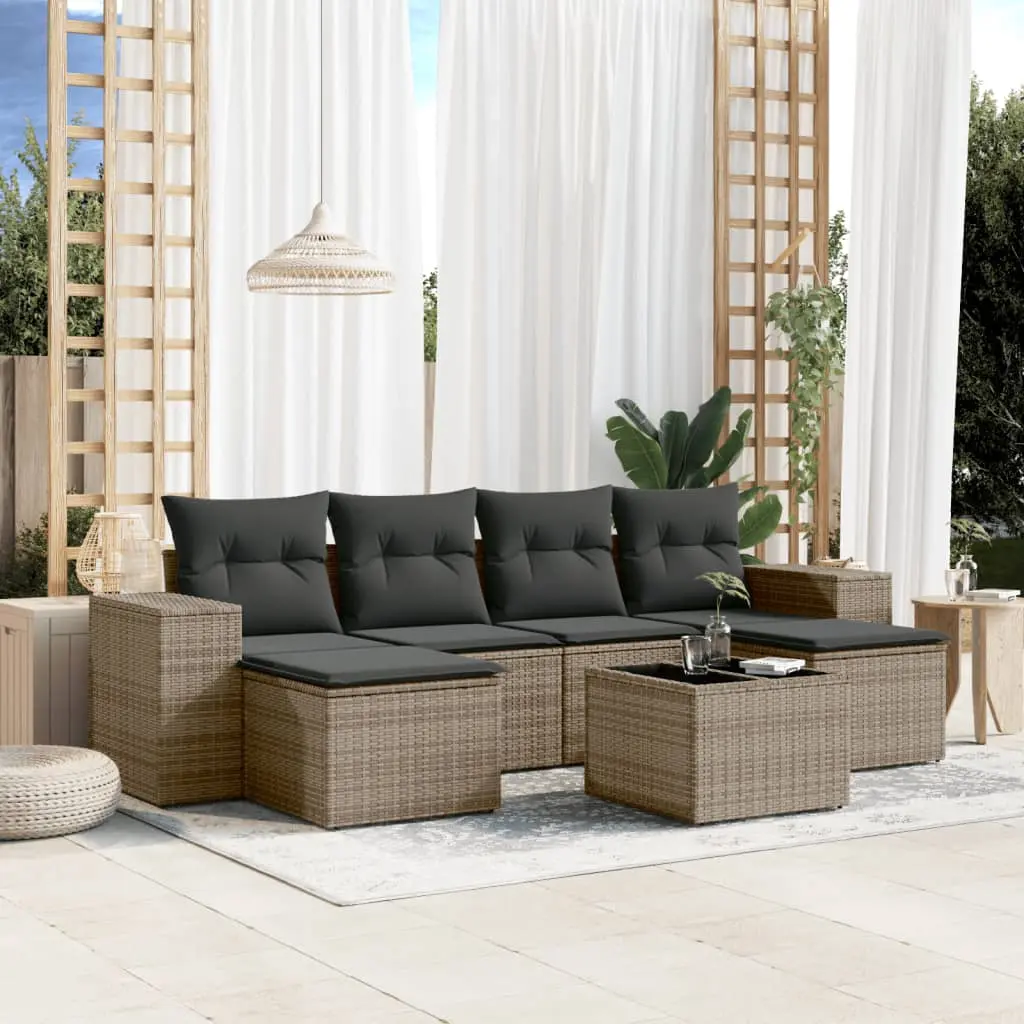 Set Divani da Giardino 7 pz con Cuscini Grigio in Polyrattan