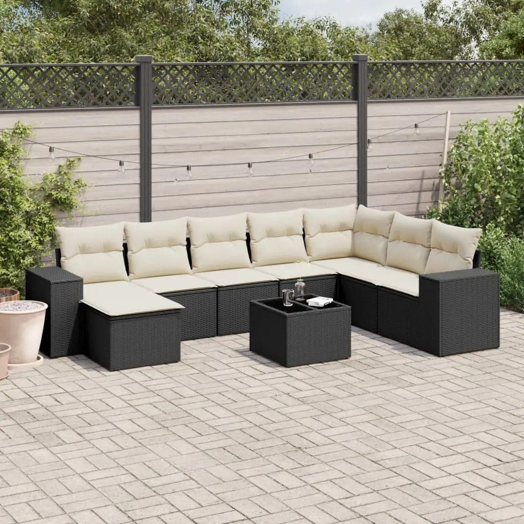 Set Divani da Giardino 9 pz con Cuscini Nero in Polyrattan