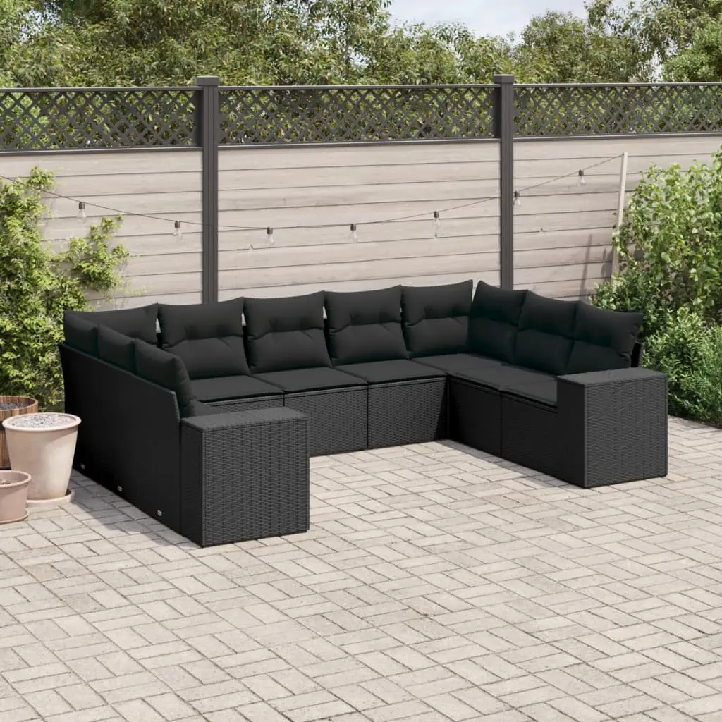 Set Divani da Giardino 9 pz con Cuscini Nero in Polyrattan