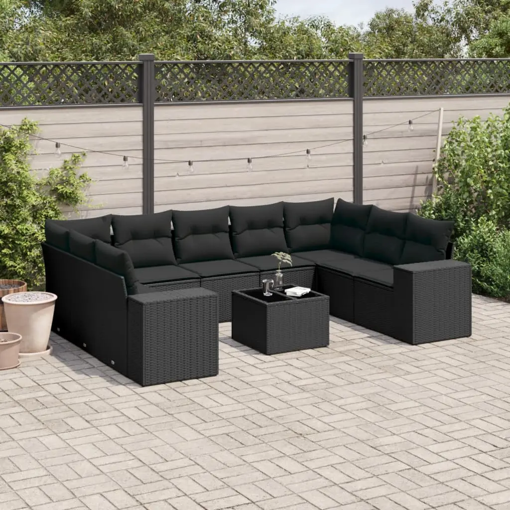 Set Divani da Giardino 10pz con Cuscini in Polyrattan Nero