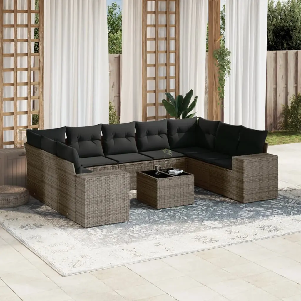 Set Divano da Giardino 10 pz con Cuscini Grigio in Polyrattan