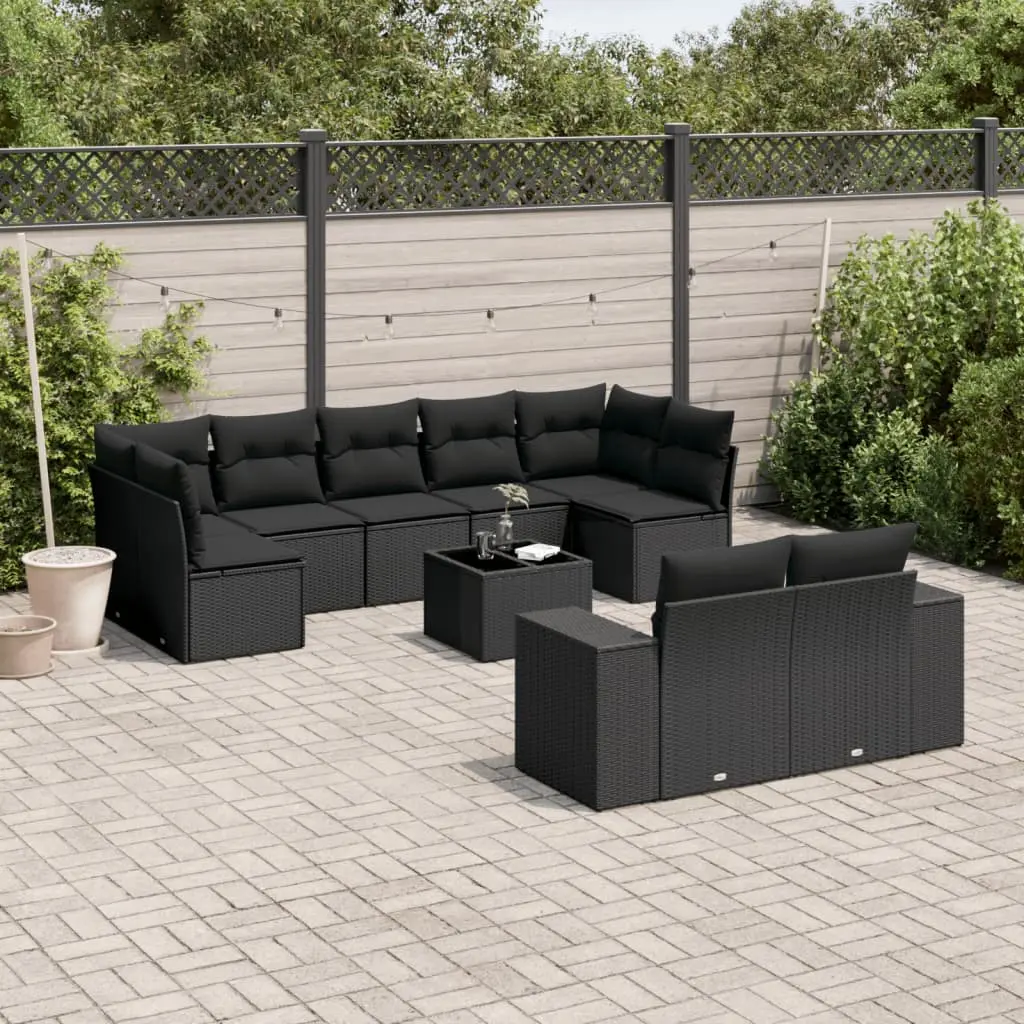 Set Divani da Giardino 10pz con Cuscini in Polyrattan Nero