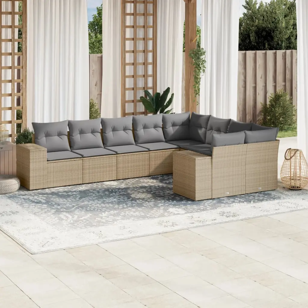 Set Divano da Giardino 9 pz con Cuscini Beige in Polyrattan